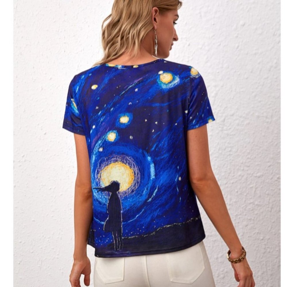 Women Casual Graphic T-shirts short sleeves Blue ** - Picture 2 of 5